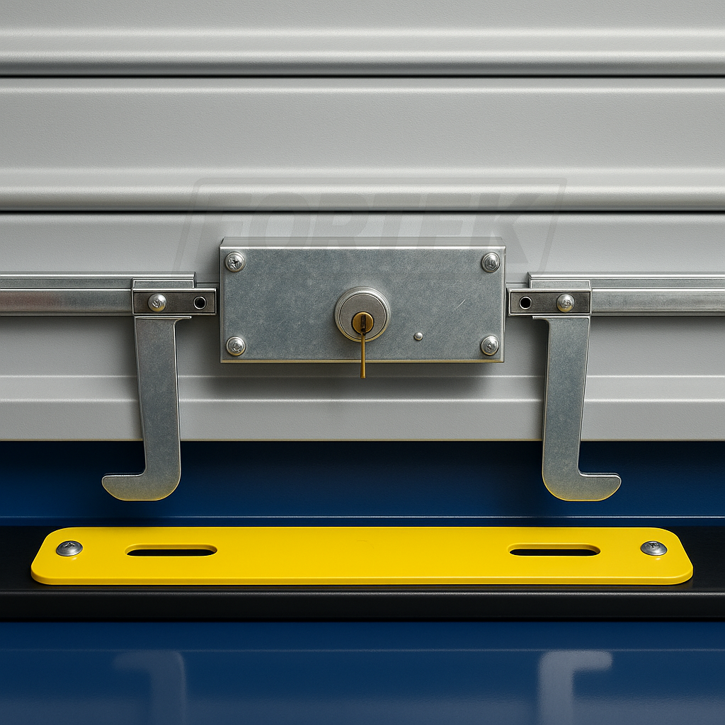 Serrure à canon rideau métallique FORTEK - Système verrouillage avec crochets et barre sécurité